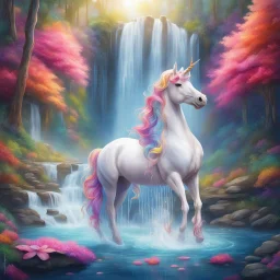 An open hand where a waterfall falls, a unicorn drinks from the water, everything in bright, bright colors. Refined in a fairytale way, inviting you to dream