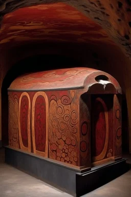 A grayish red volcanic vault made out of brimstone designed in ancient Greek pottery painted by Gustav Klimt