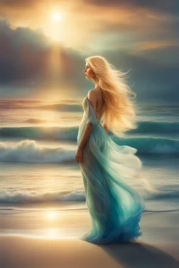 Creëer een mooie realistische Fantasie art, mooie vrouw, standing on the beach in a long dress, long blondes hair,, soft lighting, vibrant colors, ethereal, dreamlike, nature-inspired, romantic, whimsical, fantasy art, peaceful, enchanting, surreal, atmospheric, natural elements, sunlight filtering