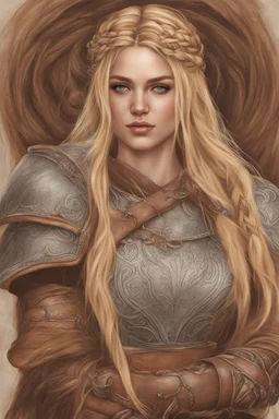 A drawing of beautiful woman with blond hair, viking braids Brown leather armor. Horse