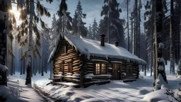 cabin in forest in winter