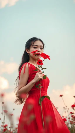Beautiful lady in Red dress holding a red flowers in a red sky and background