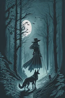 in the style of a Henry Justice Ford drawing, a beautiful witch walks through a dark forest, a dog is standing on the horizon waiting for her