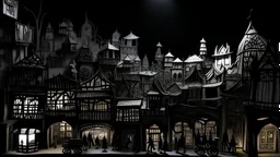 A gray city at night made out of metal designed in Javanese shadow puppets