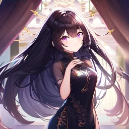 Clear focus,High resolution, Black long fluffy hair, and purple eyes, wearing a chinese dress, cute