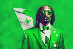 Snoop Dogg in a green tux, green flag with white star