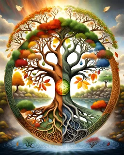 The tree of life consists of four seasons: spring, summer, autumn, winter, along with light, water, fire, wind, and soil