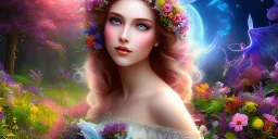 bright fairy, beautiful portrait, flowery landscape