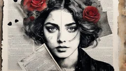 Collage. Beautiful portrait in charcoal and ink. Mixed media. Newspaper clippings, photographs, love letters, roses. Magazine style. Raindrops. Dark. Detailed. Alcohol ink. Worn texture. Crisp focus. Inked outlines. Hints of bright colors. Authors: Katherine Welz-Stein and Sam Toft