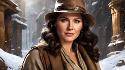 winter, (1Marion Ravenwood) from the movie Indiana Jones, (medium full shot), (sitting:1.1), diffuse lighting, fantasy, intricate, elegant, highly detailed, lifelike, photorealistic, digital painting, artstation, complex background
