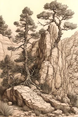 drawing by brown-red Conte, Art of Moebius, use the style of Piet Mondrian to draw branches and tree, cliff, rocks, stones, deep valley, hills and mountain, highly detailed, textures in the same style, avoiding symmetric composition, art, pine tree