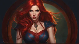 40 year old female sorcerer. Dressed in blood red small wicked weasel . Copper red hair. Perfect dark blue eyes. no jewelry. seductive. Hyperrealistic, splash art, concept art, mid shot, intricately detailed, color depth, dramatic, 2/3 face angle, side light, colorful background. Painted by Anne Stokes.