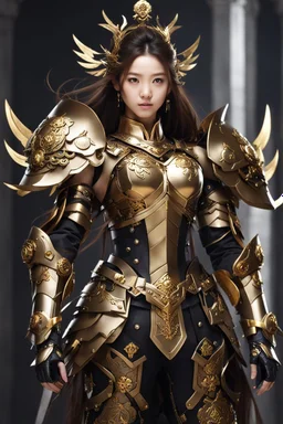 Half body Photography,very beautiful Modeling Chinese Girl,full body,looking front view,brown long hair, mechanical,delicate gold,silver metalic parts, golden parts, intricate armor, detailed part,Movie Still