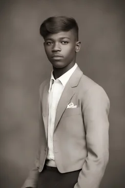 1920's yearbook photo, teenage Morgan Jones (Lennie James) 14 years old, brown hair, 1920's hairstyle and clothes, photorealistic, --ar 9:16 --style raw