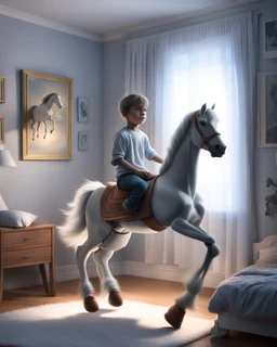 My Gemini prompt/Pixverse animation. Prompt: A square digital painting of a young boy sitting on a rocking horse in his bedroom, his translucent light grey shadow which is on the wall beside him depicting an outline of a boy galloping a real horse, the image depicts the dreams child have. Hyper-realistic hyper-vibrant hyper detailed