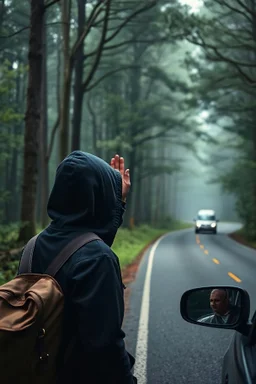 Fantasy forest road a man with hood waiting for a ride raising one hand to the driver to stop on the side of the road