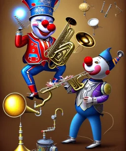 mechanoid happy friendly fat clown playing jazz with a steampunk theme, trumpet, realistic