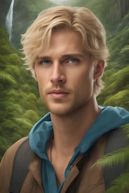 Beautiful blond man, blue eyes, 30 years old, fulfilling challenges inside the wild forest, facing danger, rain, snow, rocks, abysses, waterfalls, mountains, snakes, dinosaurs, bats