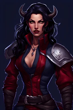 female tiefling rogue with shoulder length dark hair and red skin colour. The dark hair contrasted and complimented her soft facial features. She had a fashionable yet practical jacket of a midnight blue overtop a silver steel chest plate .