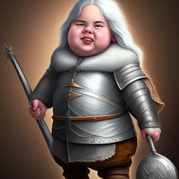 Portrait of a smirking obese Halfling with silver long hair in medieval clothing