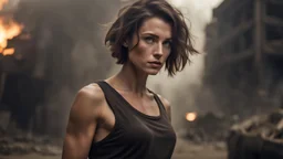 beautiful slender caucasian female technician with a knife, looking away from camera, black tank top, well toned muscles, weathered face, scratched sand camo metal details, short brunette wavy bob haircut, dystopian, postapocalyptic city scene with smoke and explosions. giant robot in the background