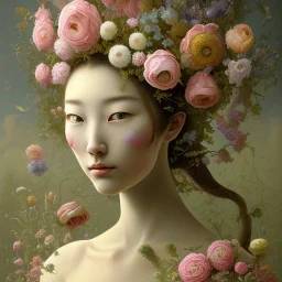 A surrealist painting showcases a woman, surrounded by blooming flowers. This masterpiece was crafted by the talented Ikuo Hirayama and is reminiscent of the works of Naotto Hattori. The subject's detailed face is partially obscured by a mask, and she is draped in a garment of rich green and pink. The painting draws inspiration from the works of Gong Li, Ayami Kojima, and Yoshitaka Amano, as well as Alexey Egorov's style. The woman is surrounded by stems and the piece has a collage-like quality,