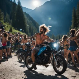 Subject & Action: A photorealistic snapshot capturing the electric chaos of a full-moon free party deep within the French Pyrenees mountains. In the center, a shirtless, tattooed, ecstatic beatnik-raver with sweat-soaked hair and a glazed, wide-eyed look (from shrooms) is air-riding, mimicking a motorcycle while jumping, with one leg kicking. He wears a faded tweed vest over an old tuxedo jacket, dirty striped pants, and heavy boots. He is surrounded by a crowd of dancers in similar retro counte