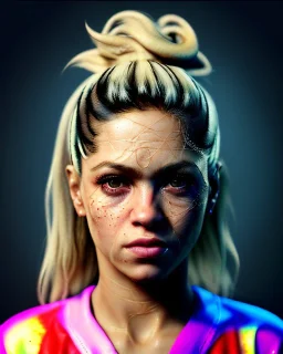 portrait, Shakira, blonde artist, angry, Realistic image, MMA robe, hoodie, mma gloves, loose long hair, eyes, make-up, gold line make-up, moisture, sweat, fog, goddess, Neon colors, leds. Black background, photo studio, concept art, smooth, unreal engine 5, god lights, ray tracing, RTX, lumen lighting, ultra detail, volumetric lighting, 3d, finely drawn, high definition, 4k.