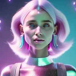 A portrait of a crystalised girl,smiling, longs normal hairs white , atmospheric, realistic,, cinematic lighting, octane render,, pink turquoise light, diadème