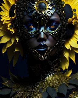 Beautiful vantablack voidcore shamanism woman portrai adorned with metallic filigree s flower and sunflower headdress ribbed with yellow quartz and opal wearing leather hal face sunflower séf ribbed masque and mineral stones ribbed voidcore shamanism costume armour organic bio spinal ribbed detail of sunflower ad sunflower seesd bokeh metallic filigree background extremely detailed hyperrealistic maximálist concept portrait art