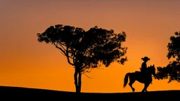 Silhouette of a lone horseback rider on the green hill at sunrise