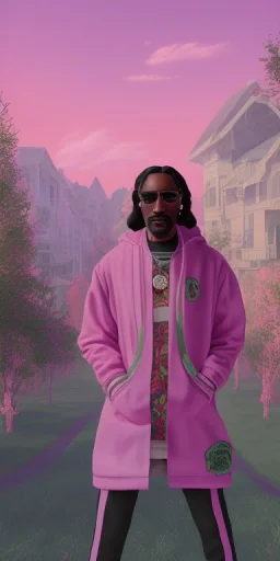 Snoop dogg. a chair. pink houses, pink sky, pink smoke, trees, outdoors. Groove street