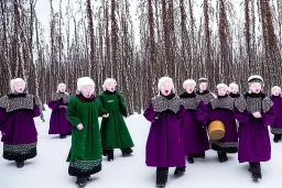 One Northern Native Gaffer. Indigenous, birch-bark face-cover, Kekripukki, carrying drums made of birch-park, Scary Horns, Midwinter, Ghost, Mystic, Haunted Children, The children are dead, Witch, Wizard, Sage. Traditional Costumes are white with red ornaments and patterns. Faces are painted with purple and green. Arctic Hills, Strange trees, Haunting Atmosphere, Crazy, North-Carelia, Karelia, Karjala, Karjalainen, traditional Carelian costumes, dripping black tears from his face