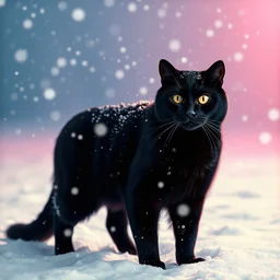 majestic black cat standing in snow in a blizzard, the snow reveals the cat, cat is standing and facing the camera. photorealistic, wide shot, vibrant colors, long exposure lighting, extremely detailed. background has a pinkish light shining from the upper right.