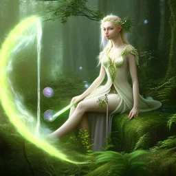 romantic fantasy spray painting, portrait of cute green eyed blonde robed elf poet with halo sitting in huge marble , bubbles, loosing torch in magical forest, foliage frame, magic wand