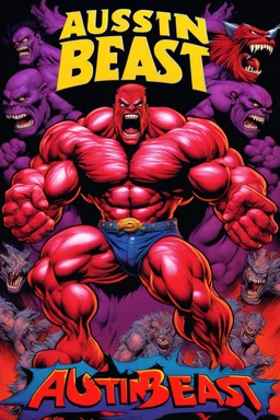 mad crazy wild super head big title with movie poster title: Austin super beast, monster full body muscles more angry and more 90s style, angry fast, extreme, wild, so so so so angry, tough sexy red and purple background with 90s comic style slashes