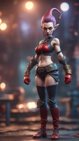 full figure with boxing gloves, standing on socket, female vampire elf from worms armageddon wearing makeup, bokeh like f/0.8, tilt-shift lens 8k, high detail, smooth render, down-light, unreal engine, prize winning