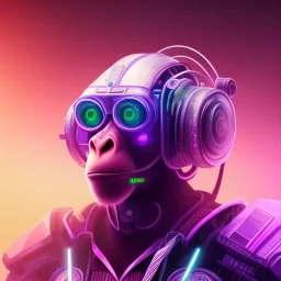 A beautiful portrait of a cyborg monkey purple neon color scheme, high key lighting, volumetric light high details psychedelic background