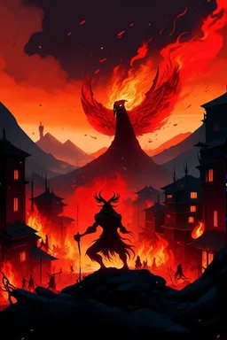 A volcano exploding over a big City, a shadowy red transparent figure appears in the sky with big bird