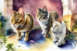 Two cats are having a birthday party.. Highly detailed, smooth colours, realistic landscape. Aquarell