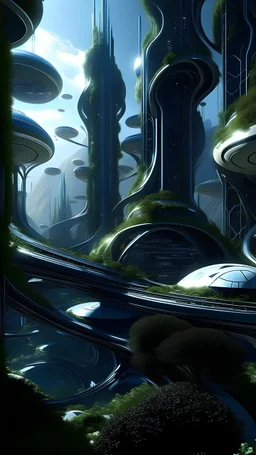 sci fi planet, futuristic alien garden, busy city, zaha hadid inspired