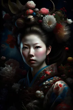 photorealistic artistic portrait of a geisha Lee Hi Epic cinematic brilliant stunning intricate meticulously detailed dramatic atmospheric maximalist digital matte painting. Botanical details tangling in the skin, flowers and insects