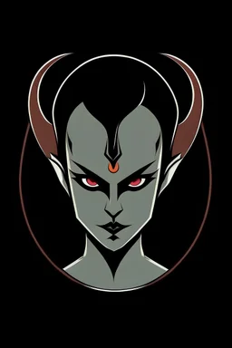 creepy evil androgynous human with small demon horns and no hair. Logo style.