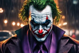 Joker in 8k realistic anime artstyle, Roger that Palestine them, neon effect, close picture, rain, fantasy world, intricate details, highly detailed, high details, detailed portrait, masterpiece,ultra detailed, ultra quality