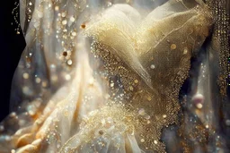 double exposure, merged layers, Beautiful composition of different fabrics, embroidered tulle with jewels, lace and raw pearls, silk, velvet, burlap, double exposure, heart, waterfall, golden glitters in sunshine