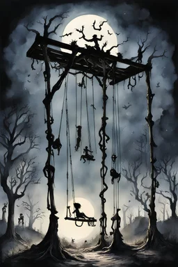 creepy dark watercolor, creepy playground at night lit by moonlight, silhouette of giant swing set made of bones, eerie small people swinging from swing seats impossibly dangerously high off ground, by Oliver Coipel, pagan goat skull trophy adorns top of swing set, horror realism, creepy, sinister, impressionism