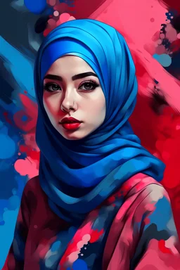 hijab girl with van Gogh style with red and blue and black and pink and bage