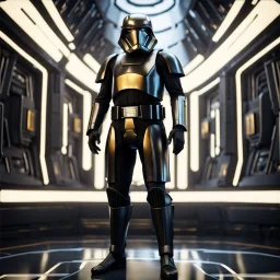 star wars bald male corellian pilot wearing pearlescent black and gunmetal grey First Order special forces heavy assault armor and helmet with gold trim inside the jedi temple, centered portrait, hyperdetailed, dynamic lighting, hyperdetailed background, 8k resolution, volumetric lighting, light skin, fully symmetric details