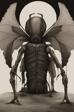 a haunting image of a humanlike insect facing away from us, in despair and pai, with wings that are broken torn and crumbling