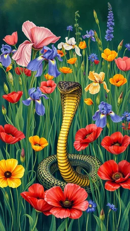 A cobra snake in the middle of blooming garden of poppies and iris Painting in painted style by Patrick heron , source pinterest , singulart or devian art